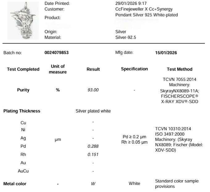 Assay report for the 925 silver white-plated pendant, batch 0024079853, showing 93.00% purity with palladium at 0.288 and rhodium at 0.151 micrometres