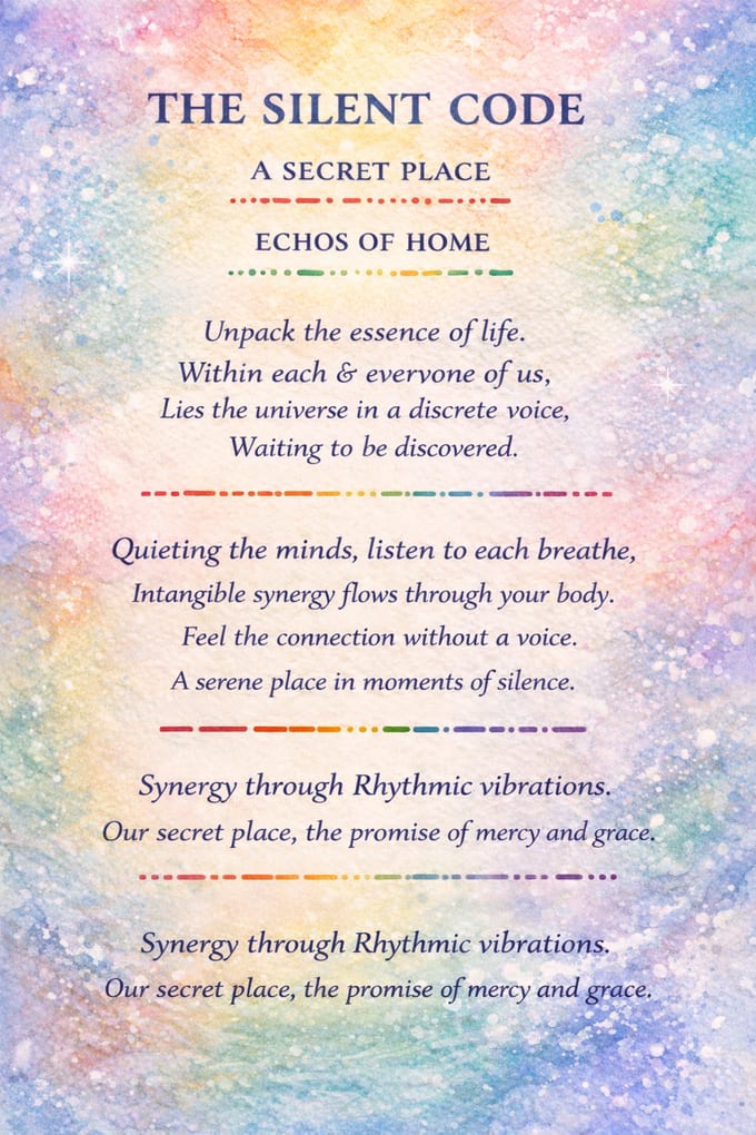 The Silent Code — a watercolour poem card for Echos of Home, its verses separated by rules of dots and dashes